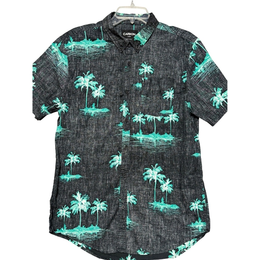 Carbon‎ Mens Short Sleeve Button Down Shirt Large Teal Palm Tree Tropical Cotton